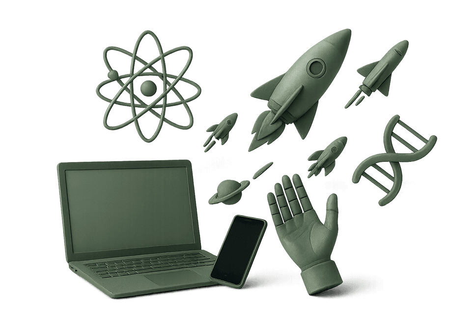 Ilustração futurista com laptop, foguetes e elementos tecnológicos